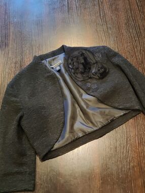 Connected Apparel Black Textured Cropped Jacket with Floral Applique